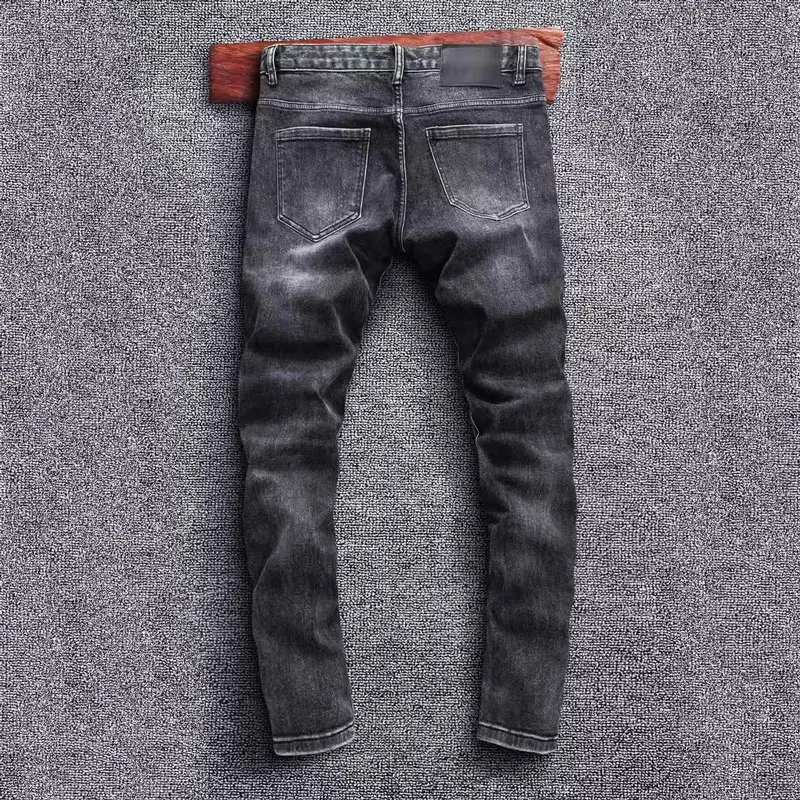 Newly Designer Fashion Men Jeans Vintage Dark Blue Stretch Skinny Fit Ripped Jeans Men Hole Patched Denim Pencil Pants Hombre