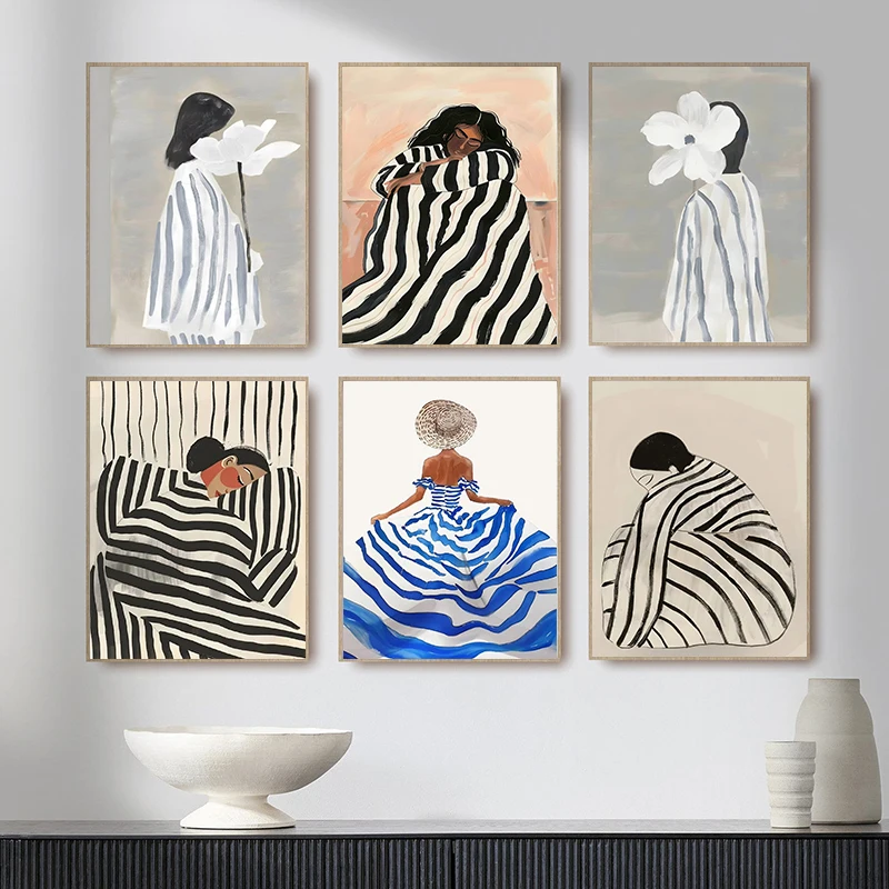 Schwarz-weiße Frau in Streifen, abstrakte Blume, Leinwandgemälde, Wandkunst, Poster für Wohnzimmer, Heimdekoration, rahmenlose Cuadros
