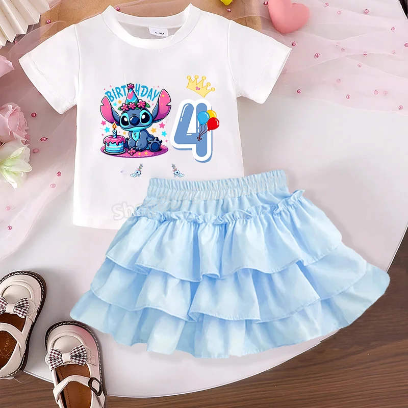 مجموعة فستان تي شيرت عيد ميلاد ديزني ستيتش للأطفال اسم مخصص تي شيرت ملابس الفتيات التنانير 2 قطعة بدلة قصيرة الأكمام هدية