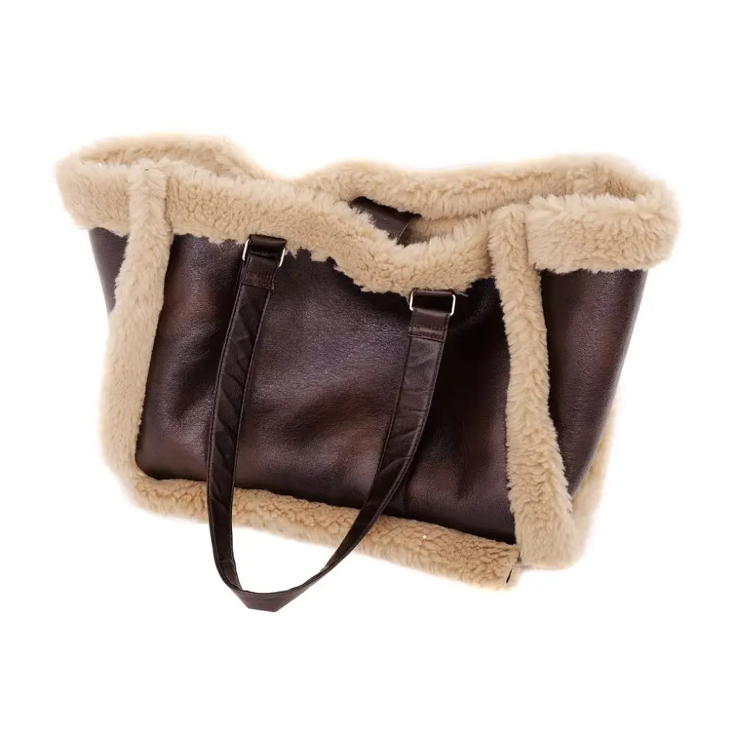 FAUX SHEARLING TOTE BAG traf winter new fashion patchwork texture fur one hand bill shoulder fur large shopping bag