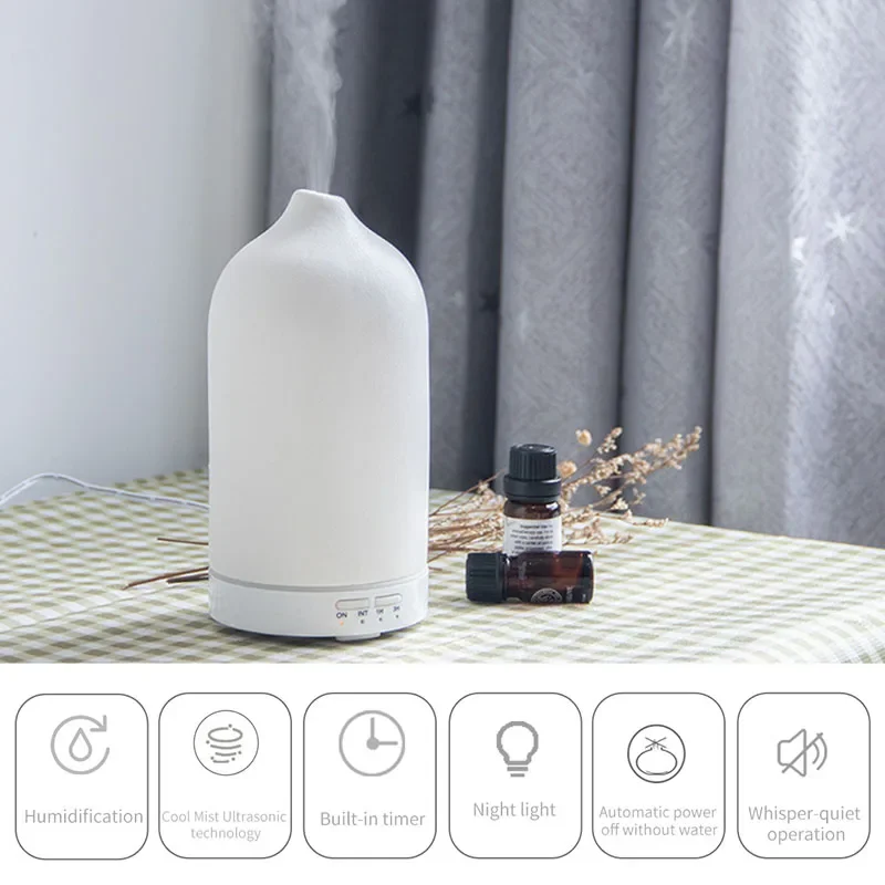 Ceramic Essential Oil Aromatherapy Diffuser Ultrasonic Air Humidifier with Timer Night Light Waterless Auto Off Cool Mist Maker