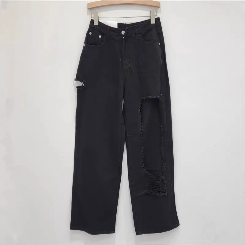Déchiré Style de Rue pour Femme, Baggy Taille Haute, Droit, Délavé, Style Rétro, Nouvelle Collection Été 2024