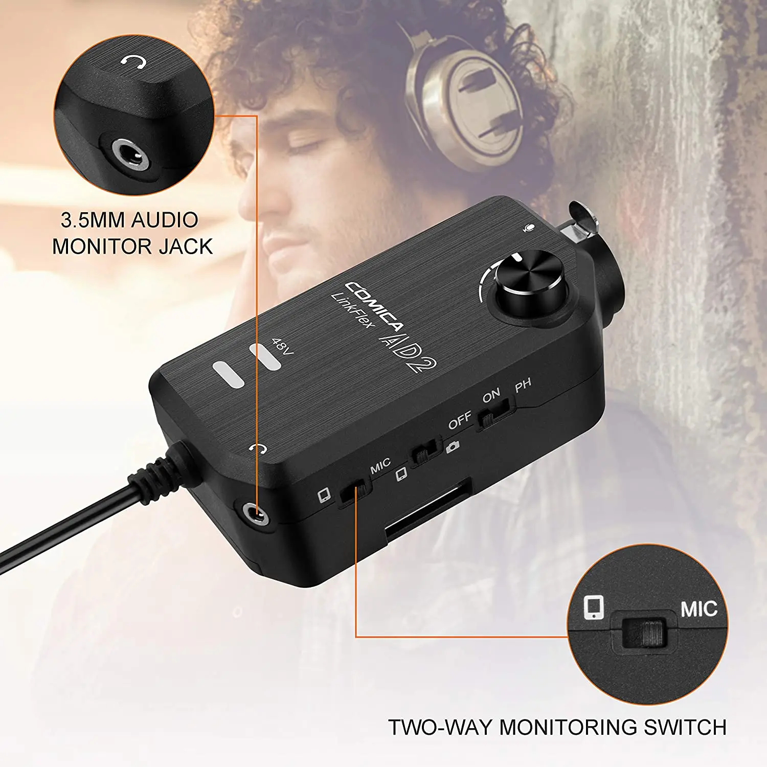 واجهة صوت COMICA LINKFLEX AD2 للهواتف الذكية iPhone Android/كاميرات DSLR، محول Preamp الصوتي مع طاقة فانتوم 48 فولت