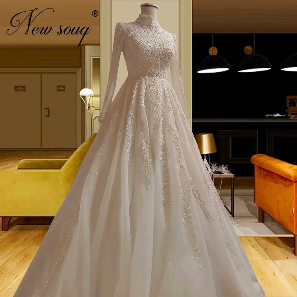 Haute Couture A Line perline abiti da sposa personalizzati Dubai maniche lunghe abito da sposa cristalli di lusso abiti da sposa in gravidanza