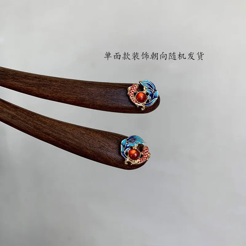 Chinese Traditional Koi Pattern Red Sandalwood Hair Stick Vintage Hanfu Cheongsam Hair Accessory 13cm 15cm Single Double Sided