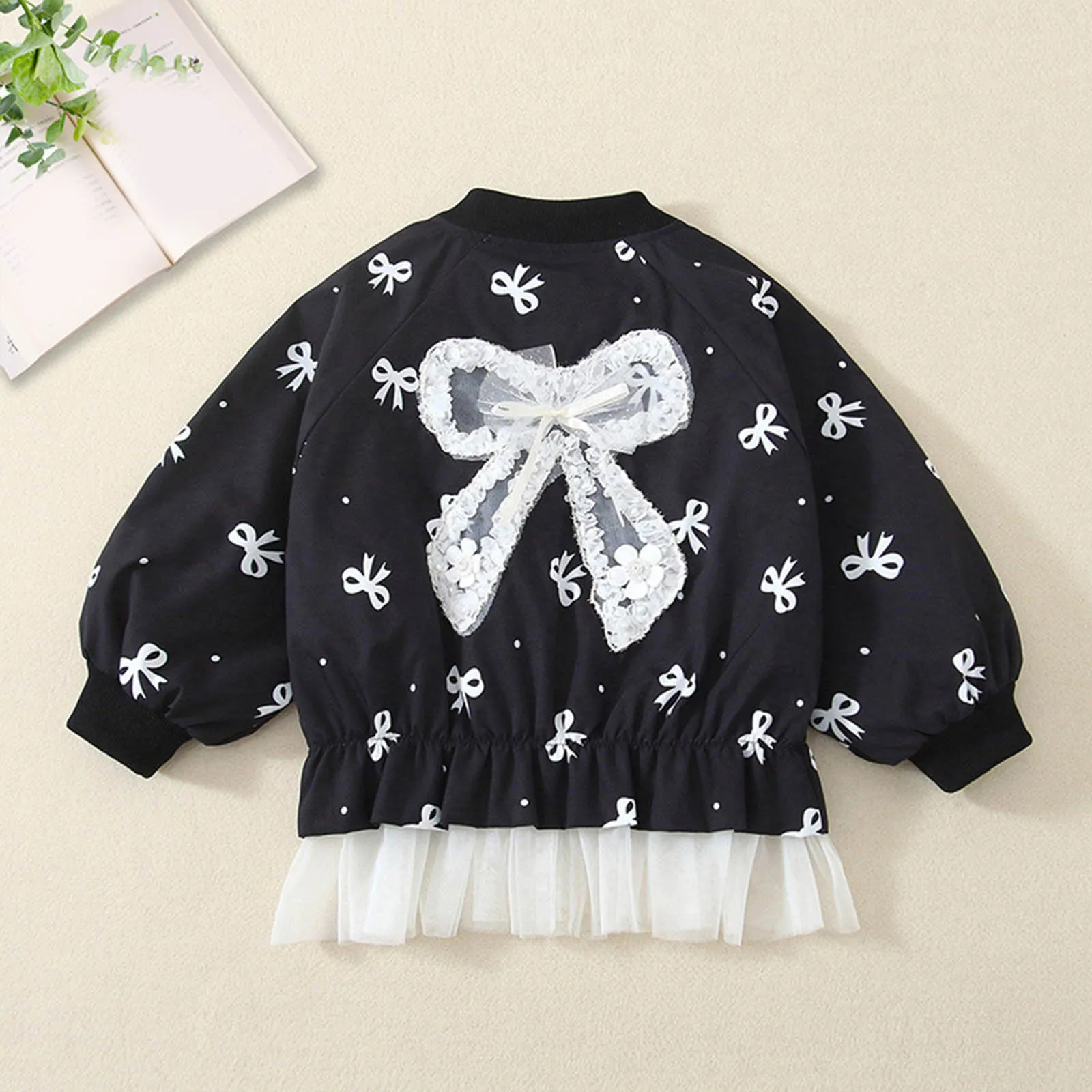 

Girls Baseball Jacket with Belted Bow Mesh & Fabric Sleeves Spring Casual Jacket Fashion Outerwear Winter Coat for Girls