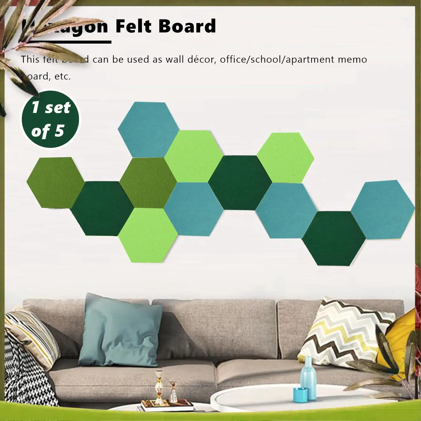 New-10Pcs/Set Hexagon Felt Board Hexagonal Felt Wall Sticker Multifunction 3D Decorative Home Message Board Green Series