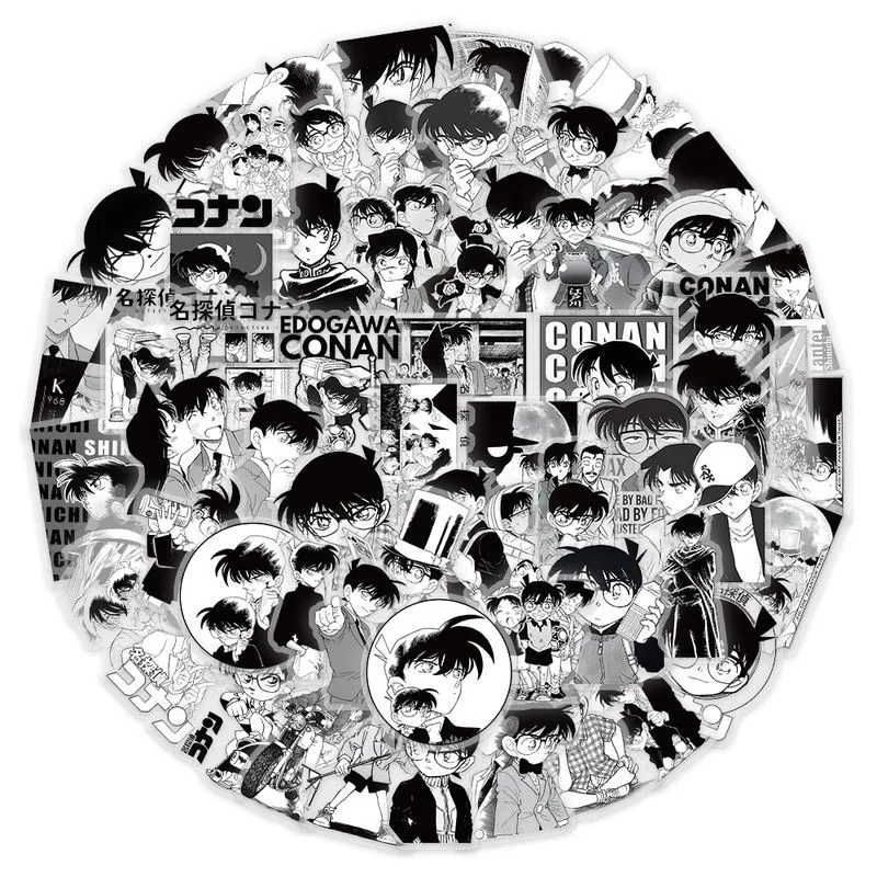 مجموعة ملصقات مكونة من 62 قطعة من المحقق كونان باللونين الأبيض والأسود - شارات الرسوم المتحركة الغامضة للهاتف والكمبيوتر المحمول