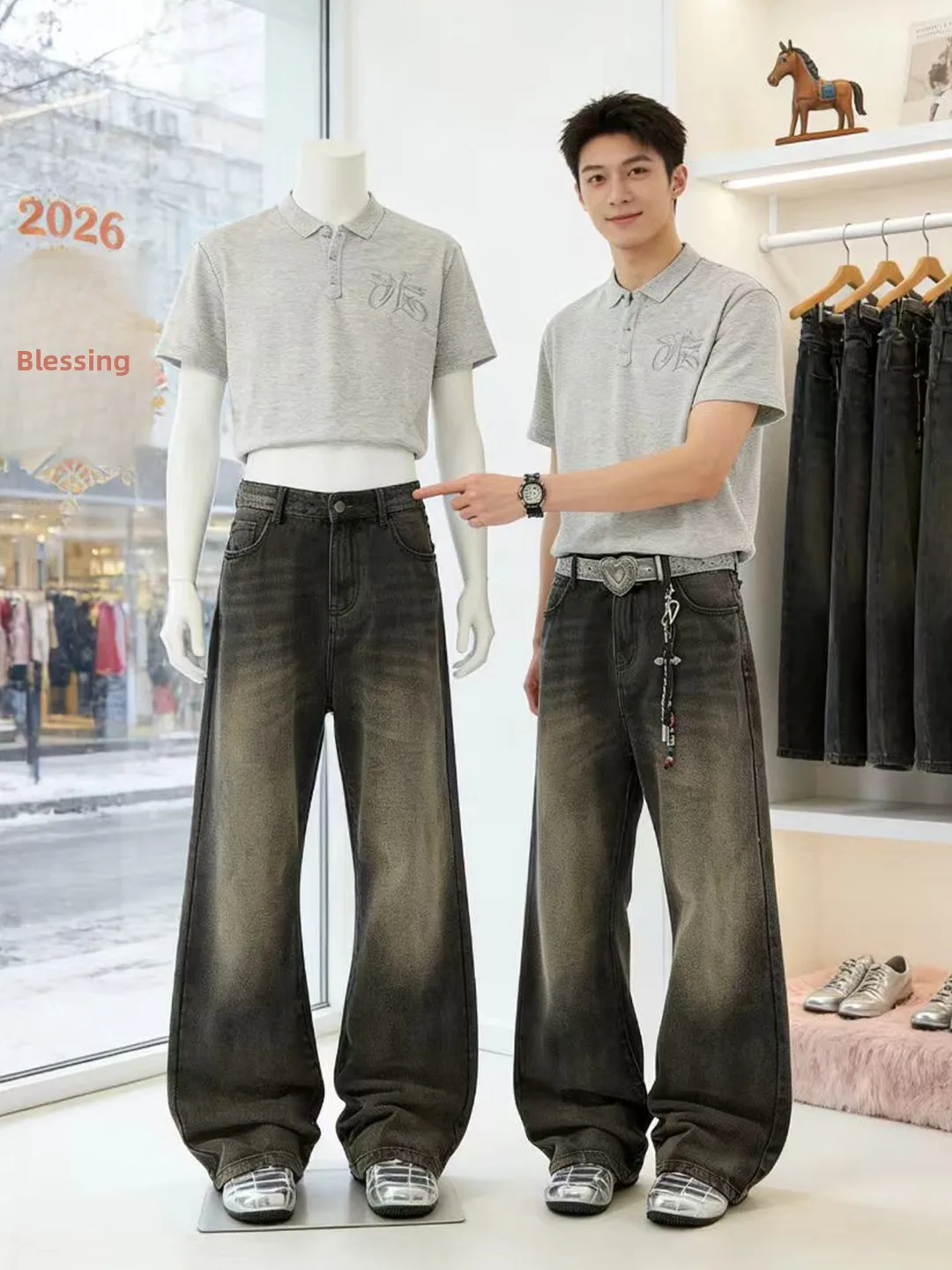

Bla Mustache Waed Wide Leg Men's Jeans CleanFit Drapey Knife Casual Comfortable Stretchl Non-Fade Wear-Resistant