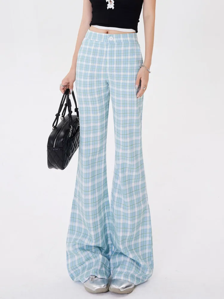 

GUUZYUVIZ Summer High Waist Plaid Flare Pants Harajuk Korean Fashion Casual Slim Y2K Mopping Trousers