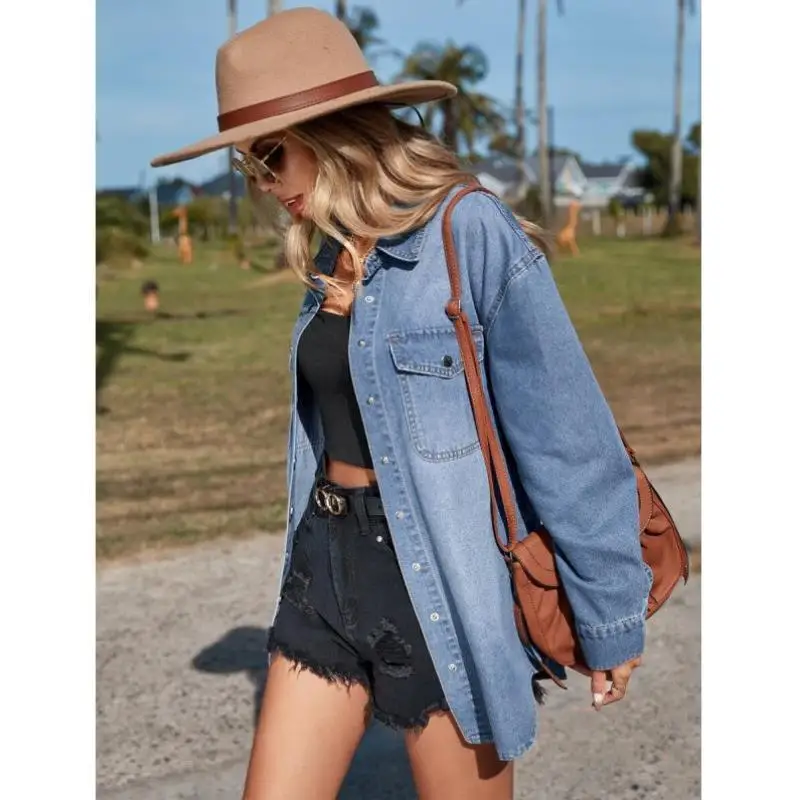 طقم دينم جديد عبر الحدود من قماش الدنيم المترهل irt للنساء Faion ort Sve Fce مبطن بطول الكتف irt #2