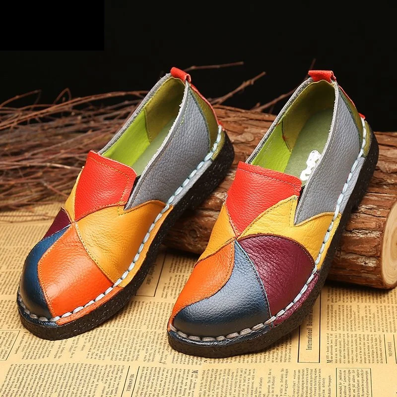 Designer Patches Ballet Flats For Women  Luxury Vintage Shoes Big Size 42 Women\'s Genuine Leather Moccasins Mom Rainbow Loafers