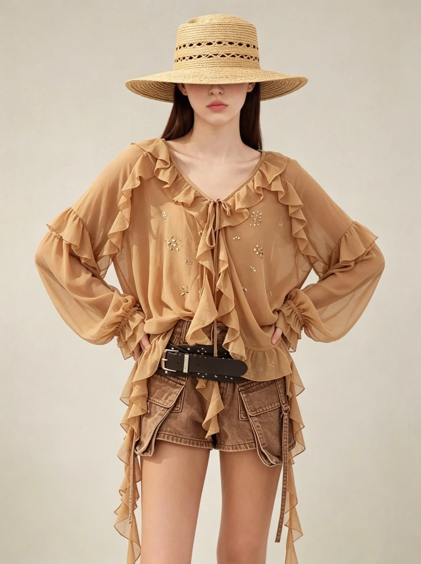 

Casual Style Kaki Color V-Neck Tunic Shirt Women's Beautiful Pleated Skirt Long Sleeve Summer Fashionable Casual Wear