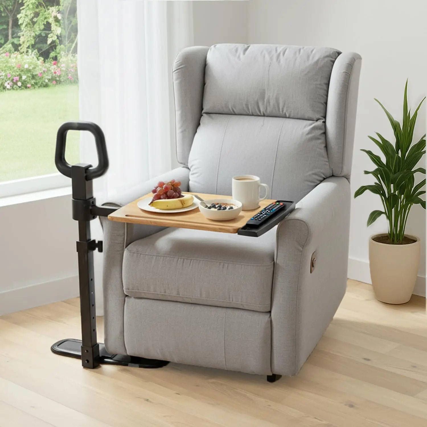 360 Swivel Tray Table For Recliner Adjustable Height Overbed Workstation TV Tray Table Stand Assist Safety Handle Accent Desk For Sofa Couch Seniors Living Room Bedroom