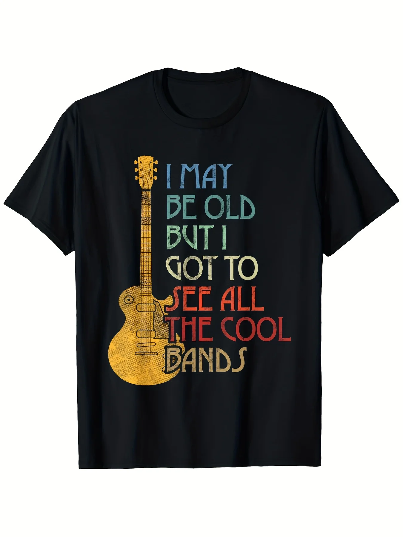 Retro 'I Might Be Aged But I'Ve Witnessed All The Awesome Bands' Graphic Tee - Plus Size, Unisex, Vibrant Guitar And Text Artwork, Casual Outdoor Unisex Tee, Band Tee, Vintage Men'S Tee, Music Lover Shirt