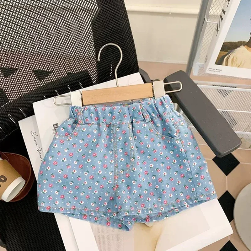 Summer Kid\'s Clothing Sets 3-7Y Girls Floral Print Petal Sleeves Lapel Shirt & Shorts 2Pcs Suit Childrens Imitation Denim Outfit