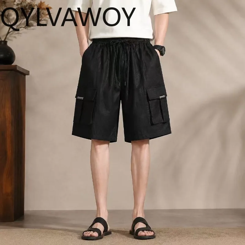 QYLVAWOY 100% Real Mulberry Silk Black Cargo Pants Summer Short Pants for Man Casual Straight Trousers Short Masculino Thin 냉감바지