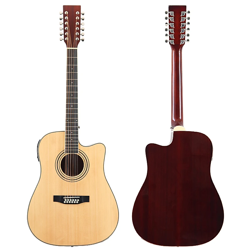 Electric Acoustic Guitar 12 String Natural Cutaway 41 Inch Folk Guitar High Glossy Spruce Wood Top with EQ