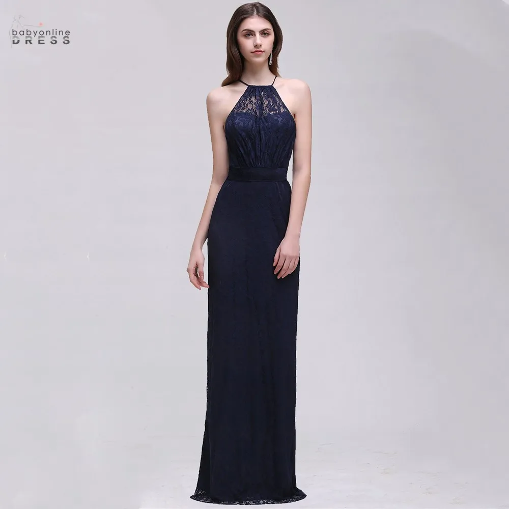 Navy Blue Halter Lace Long Evening Dress For Women Chiffon Straps Wedding Formal Party Event Prom Gown For Bride Vestido De Gala