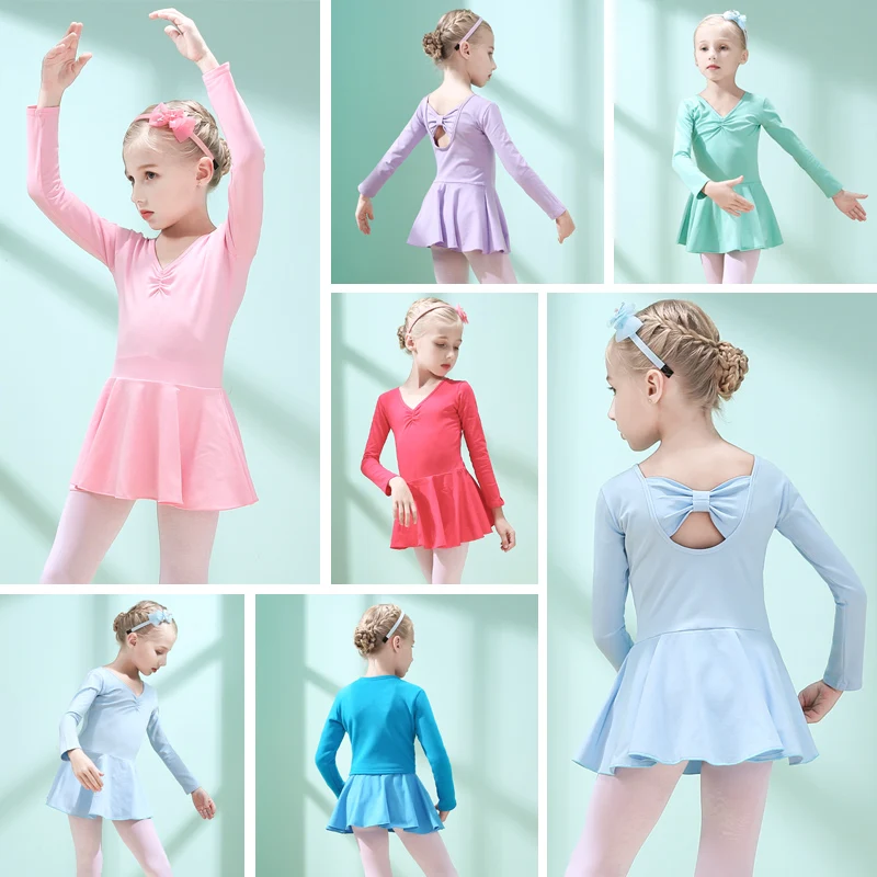 Classic Long Sleeve Leotard Dance Ballet Dress Kids Girls Bow Back Ruffle Skirt Gymnastics Training Clothes Ballerina Outfits