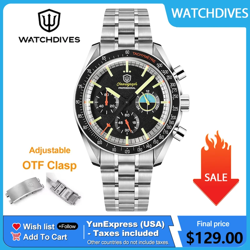 Watchdives WD1863 39mm VK63 cronógrafo reloj Vintage de acero inoxidable zafiro OTF cierre impermeable relojes luminosos para hombres