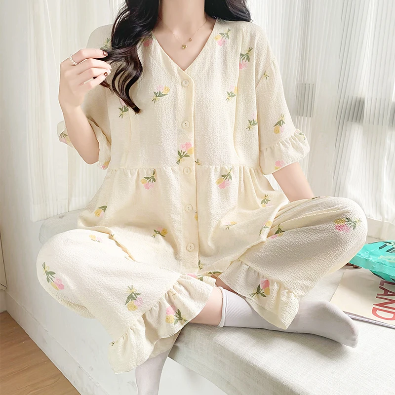 

Summer Thin Maternity Nursing Sleepwear Set Loose Breastfeeding Tops Belly Pants Pajamas Pregnancy Short Sleeve Home Lounge Wear