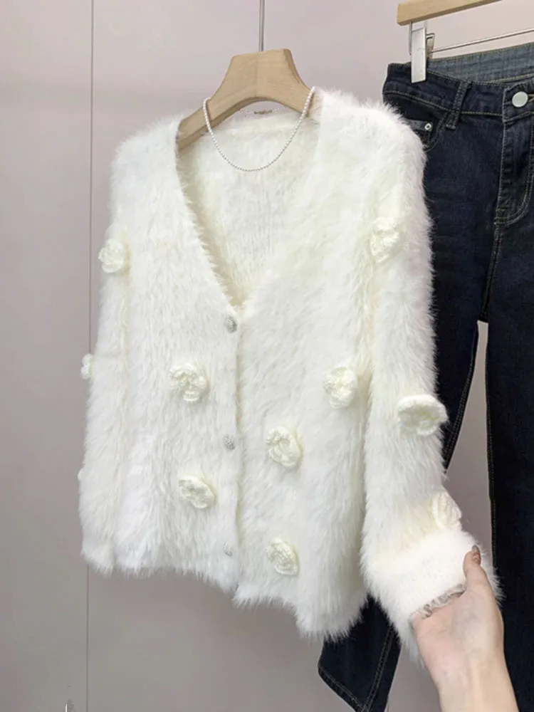 

V-neck French Slouchy Women's Coat Fashion Sweet Flower Design Feel Loose Elegant Comfortable Fake Fur Jacket