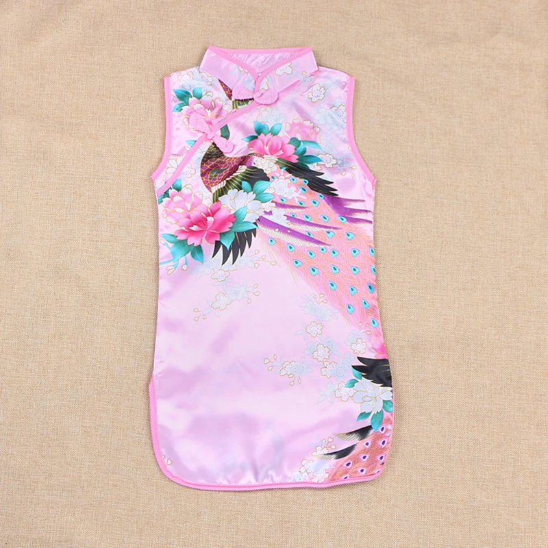 Cheongsam Dress 2Y-8Y Baby Girl Summer Clothes Peacock Sleeveless Slim Traditional Dress Child Girls Clothes Chinese Style Qipao