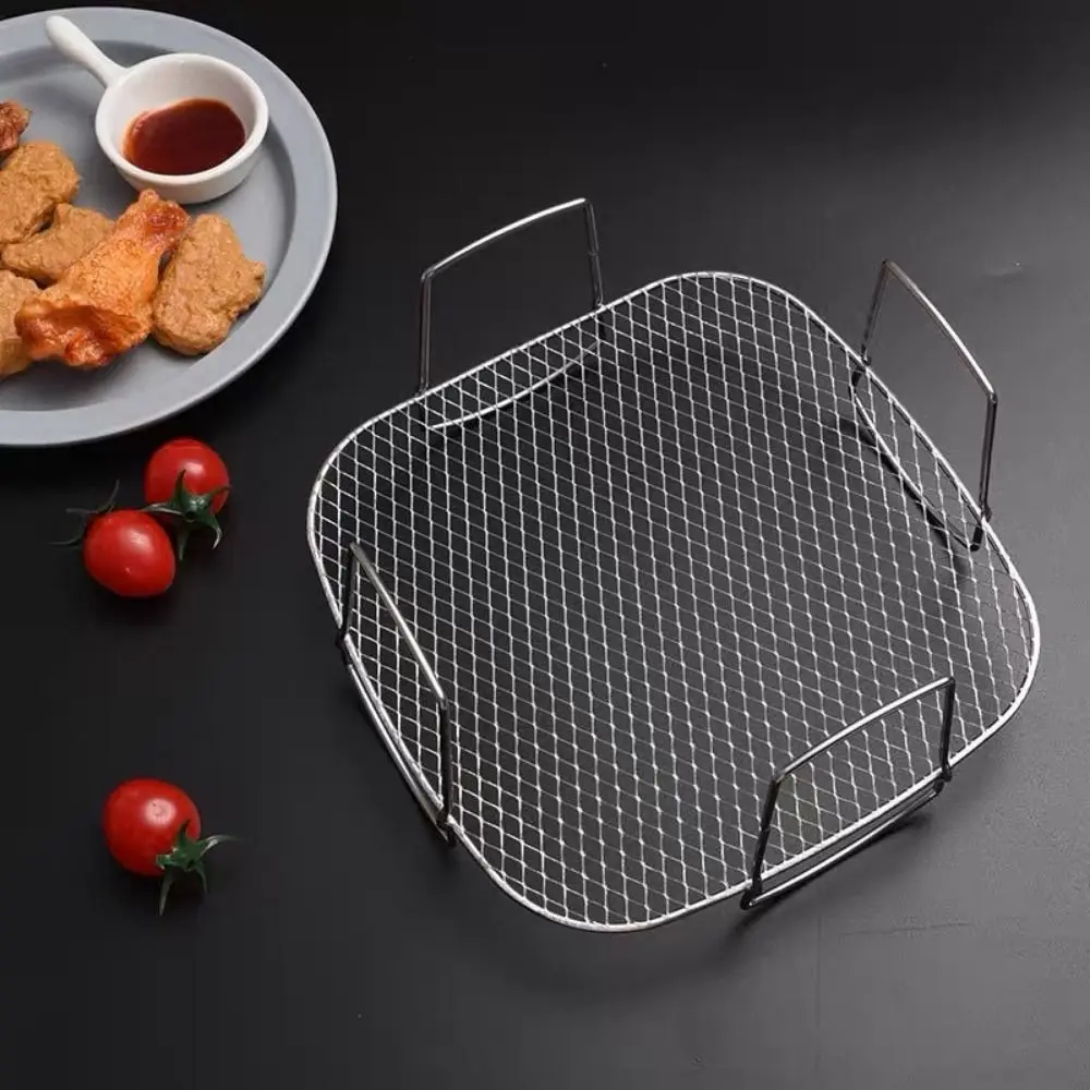 Stainless Steel Mesh Air Fryer Baking Rack Rust-proof Handle Air Fry Basket Heat-resistant Stackable Oven Grilling Self Steaming