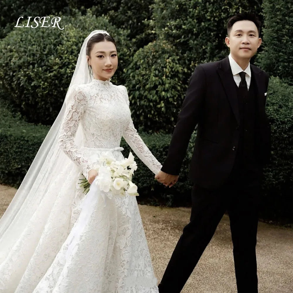 Liser High Neck A-Line Luxury Wedding Dresses Silk Lace Elegant Long Full Sleeves Bridal Gowns Customized فساتين زفاف