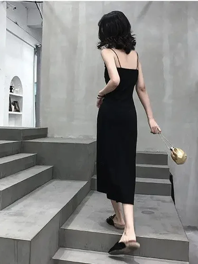 2025 mode zomer vrouwen jurk vestidos de mujer effen geplooide split jurken vrouwen hoge taille temperament sling sexy gewaad femme