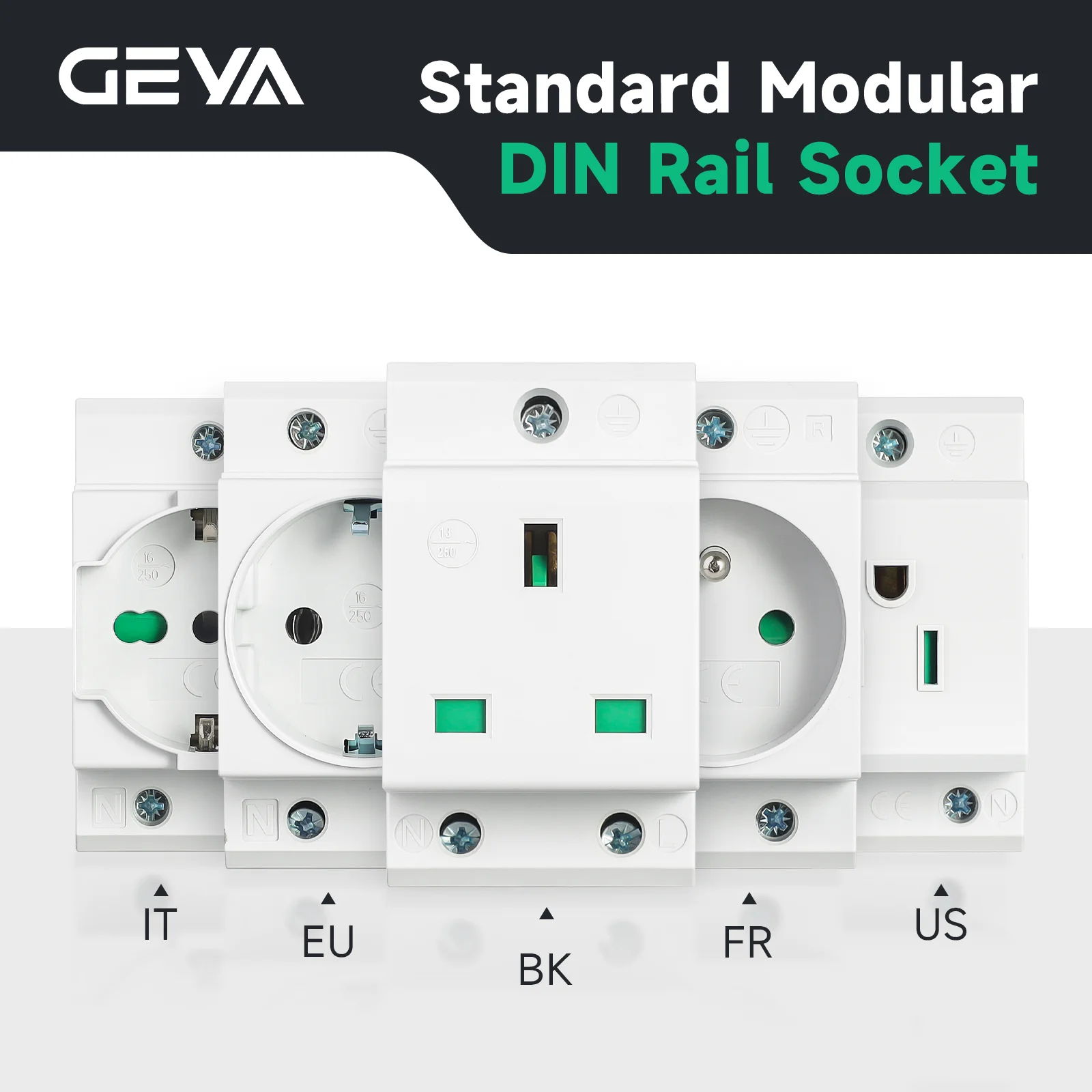 

GEYA Recessed Din Rail Modular Socket for Distribution Cabinet Counter Contact Protection Plug UK US EU Standard Socket 16A 250V