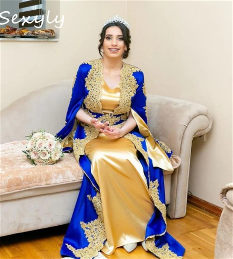 Beautiful Royal Blue Morocca Evening Dress 2023 Medieval Costume Gothic Abaya Caftan Prom Dress Gold Lace Long Sleeve Bride