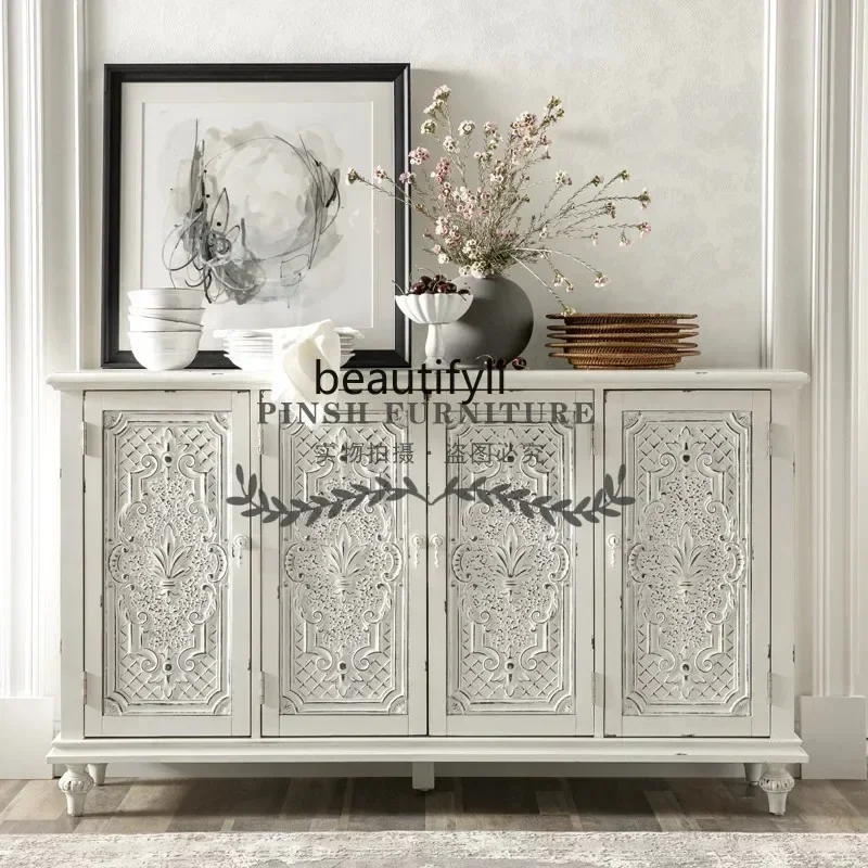 

07Solid wood carving flower entrance cabinet American retro old living room TV cabinet decorative storage cabinet