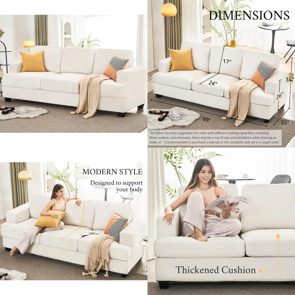 

"89" modern 3-seater couch with deep seating for living room in beige chenille"