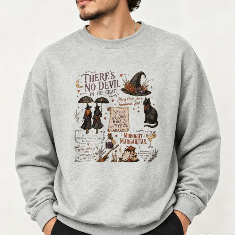 Witchy There's No Devil in The Craft Sweatshirt Halloween Black Cat Margarita Graphic Pullover Retro Autumn Winter Women Top