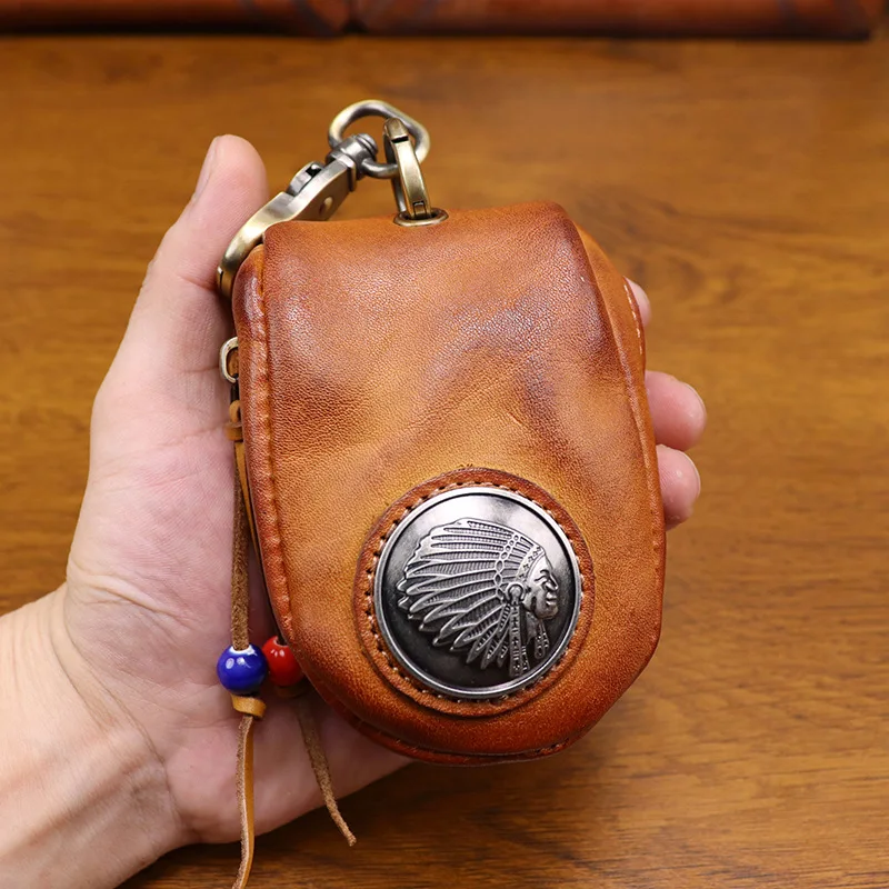 

Vintage Handmade Full Grain Leather Car Key Case Retro Vegetable Tanned Key Holder Bag Charm