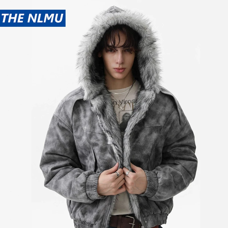 

2025 Winter Vintage Thick Jackets Men‘s Fur Collar Warm Hooded Parkas Jacket Pu Leather Coats Hip Hop Streetwear