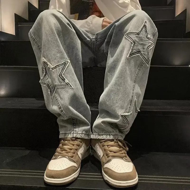 New Star Embroidery Casual Baggy Jeans Męskie gotyckie neutralne proste spodnie z szerokimi nogawkami Hip-hop Moda Młodzieżowe spodnie dżinsowe Y2K