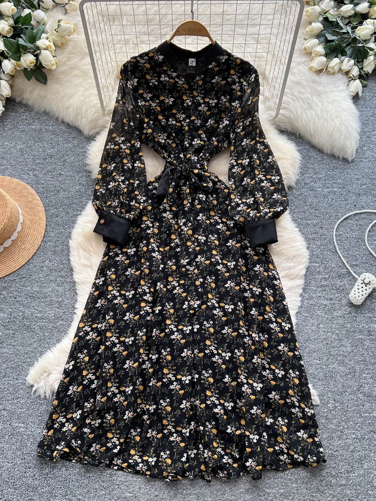 Ele Stampa floreale Maxi Dr Abito da donna a vita alta con finiture in pizzo Lungo Sve Abito a trapezio snellente Bla French Country Sle