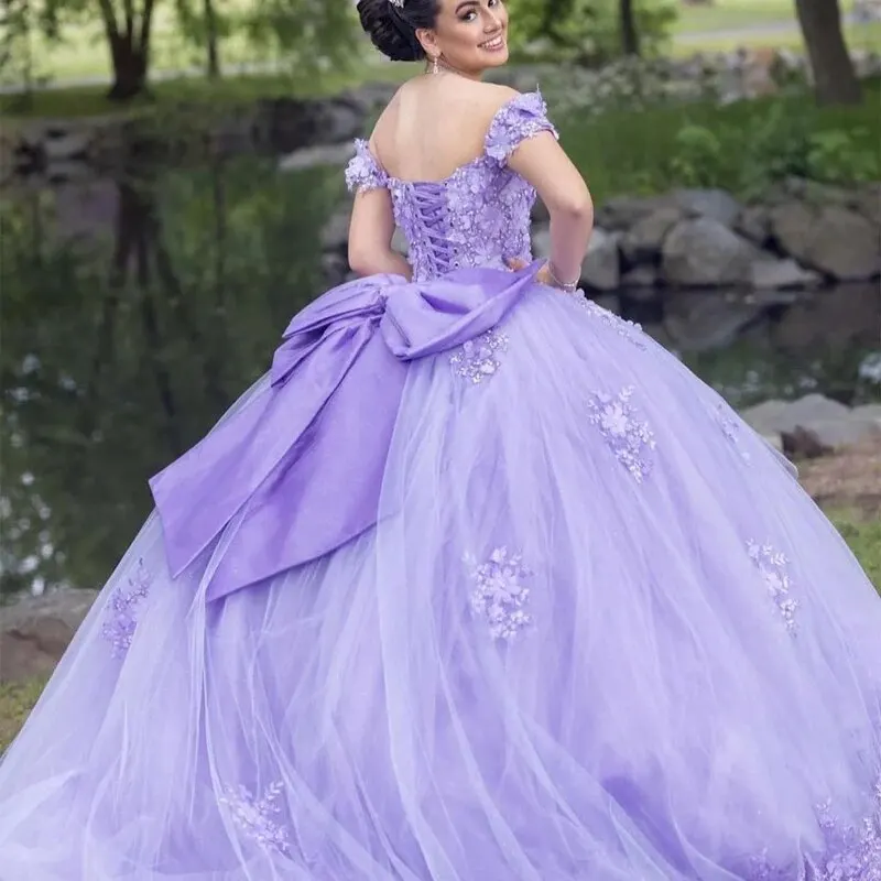 Purple Quinceanera Dress Ball Gown Applique Tulle Puffy 3D Floral Sweet 16 Girl Princess Birthday PageantEvening Dress