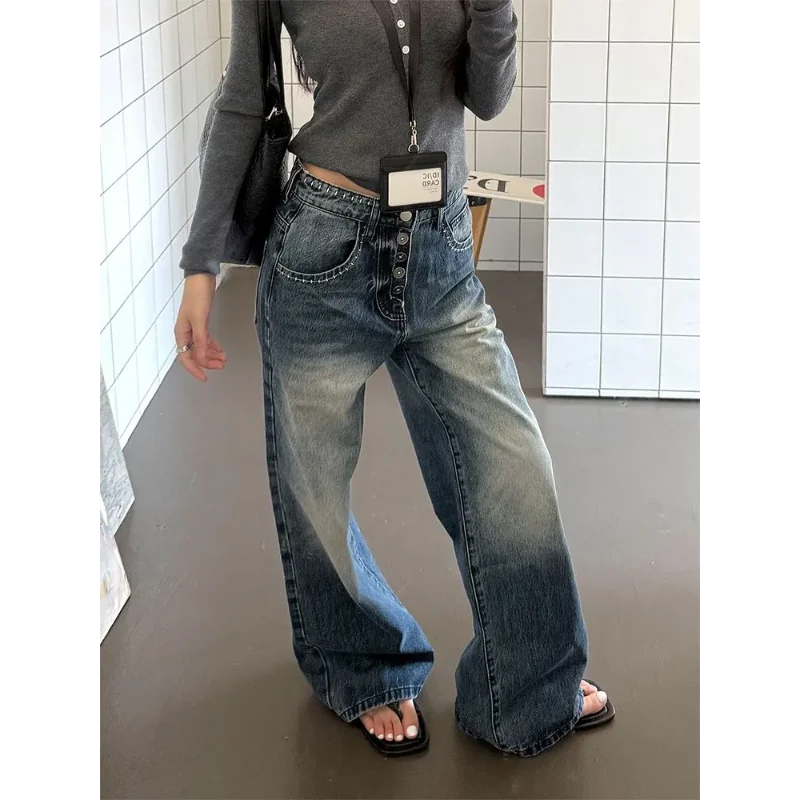 

Women's Light Blue Washed Wide Leg Jeans High Waist Retro Casual Denim Pants