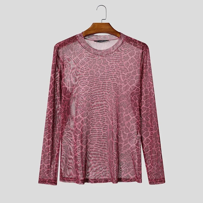 Men's Animal Print Sheer Mesh Long Sleeve Shirt Snake Leopard Pattern   Fit Round Neck Tops Gothic Party Layering T-shirt view 5