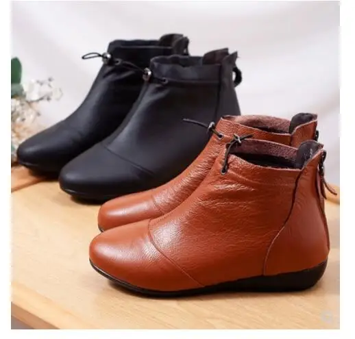 Autumn Winter Female Cowhide Flat Boots Genuine Leather Ankle Boots Mother Cotton Shoes