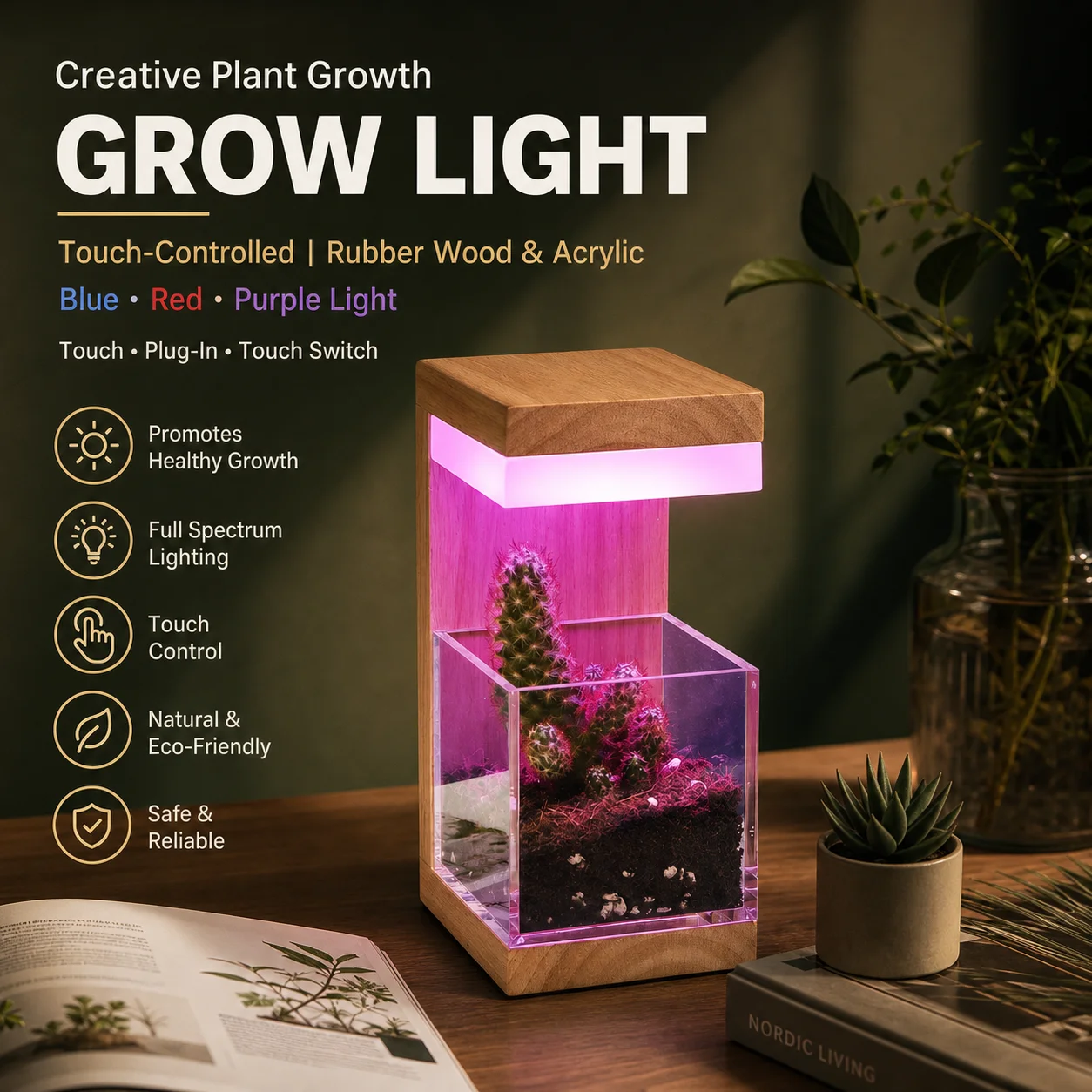 WWPPU Plant Grow Lamp Wooden Sconce Room Decor Items Home Decoration Eco Friendly Cactus Succulent Bedside Desk Night Light