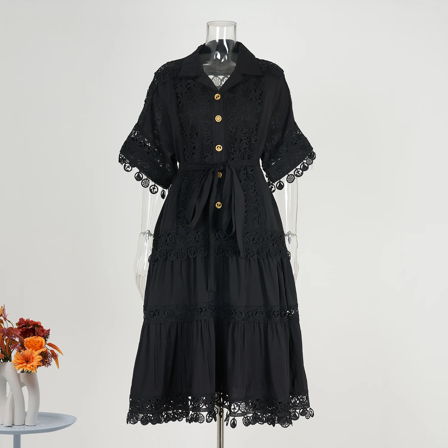 Runway 2025 Summer Lace Embroidery Short Sleeve Holiday Beach Dress Women's Hollow Out Lace Trim Evening Prom Party Vestido Robe