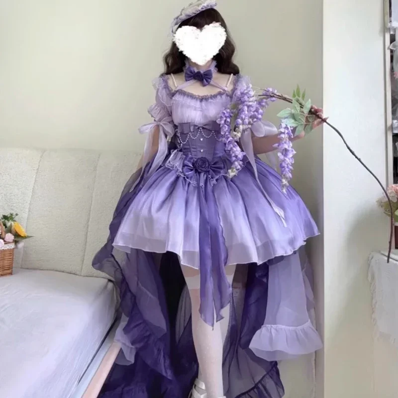 الحلو لطيف الأرجواني طويل زائدة فستان جنية سليم صالح قصيرة لوليتا الرسن فستان الزفاف للنساء الصيف زهرة فستان الزفاف #1