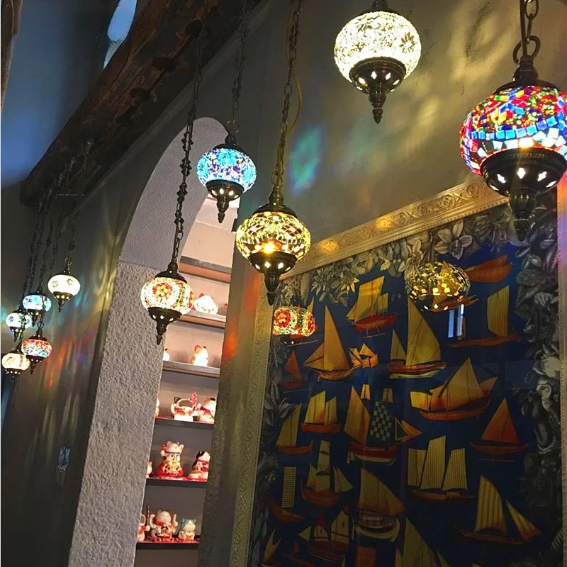 Mediterranean Style Decoration Handmade Turkish Pendant Light Glass Shades Mosaic Pendant Lamp For Bar Coffee Shop E14