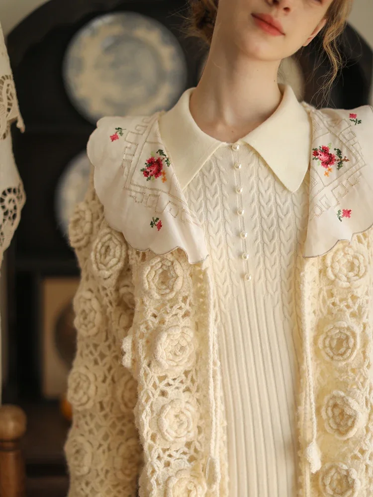 102cm Bust SpringFall Knitted Cardigans Women Elegant Antique Embroidered Collar Hollow Out Handmade Crochet Flower Wool Sweater