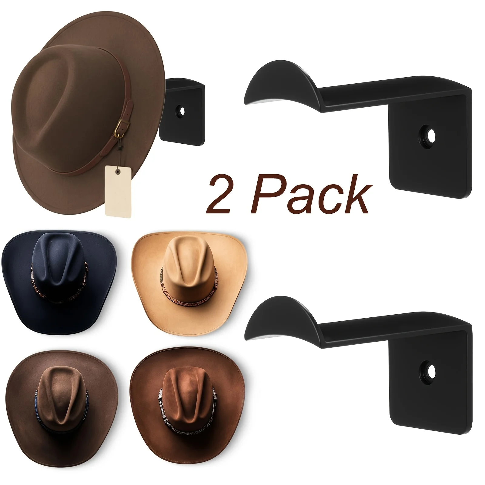 2 Pack Hat Hooks for Wall, Adhesive Cowboy Hat Rack with Anti-Slip Teeth, Suitable Sun Hats, Fedora, Wide Brim Hats Organizer